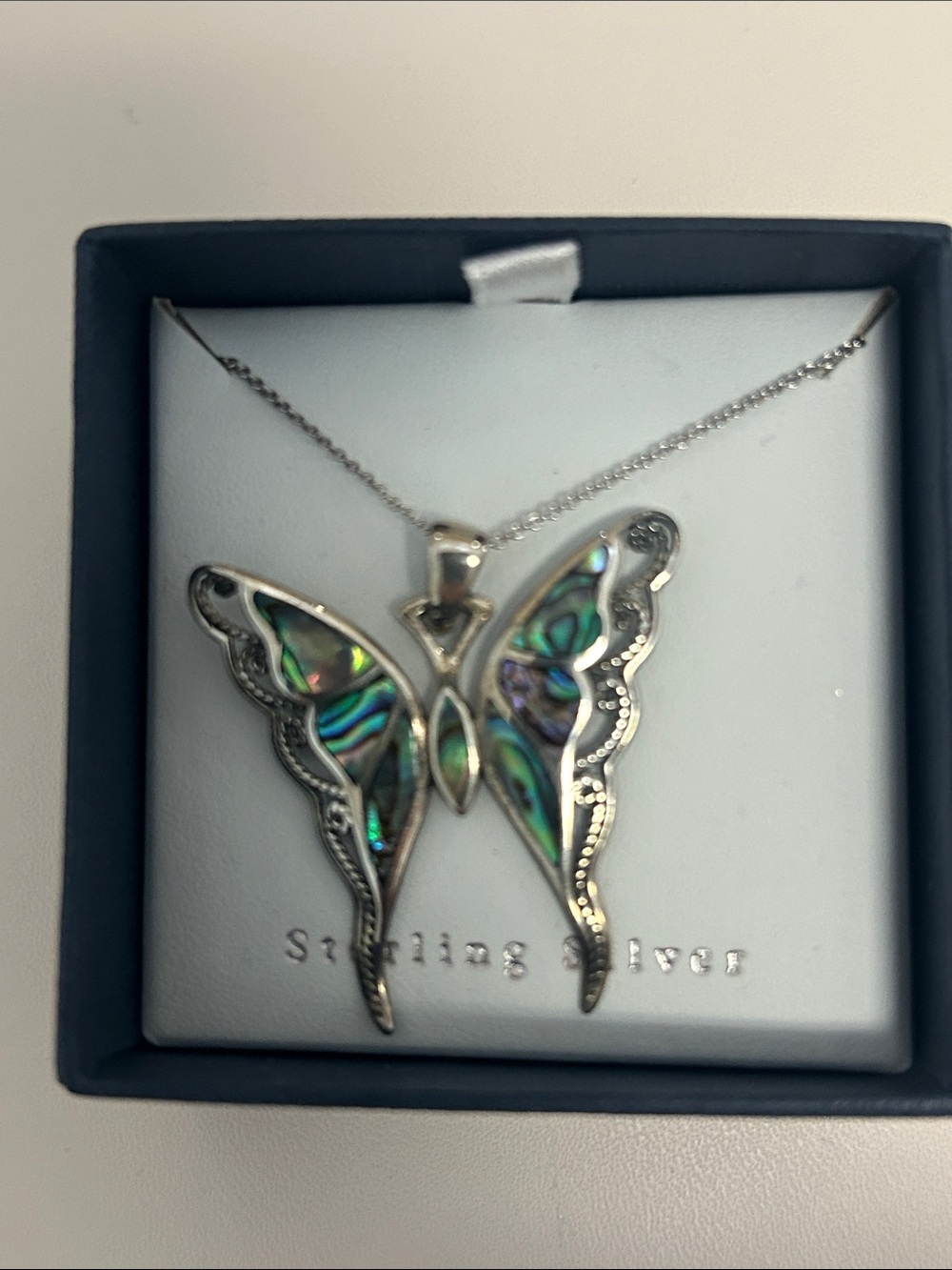 Sterling Silver Butterfly Abalone Pendant Necklace - Iridescent Green